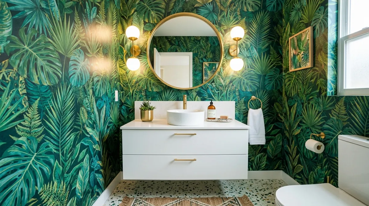 Vibrant powder room with green tropical leaf wallpaper, white vanity, gold mirror, and bright lighting.