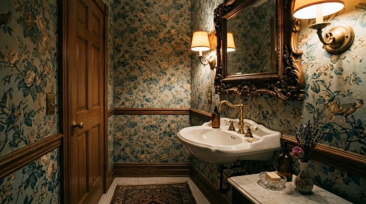 Vintage-inspired powder room with ornate floral wallpaper, antique mirror, porcelain sink, and warm lighting.