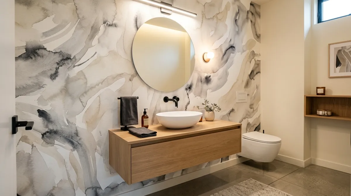 Contemporary powder room with abstract watercolor wallpaper, sleek sink, and soft LED lighting.