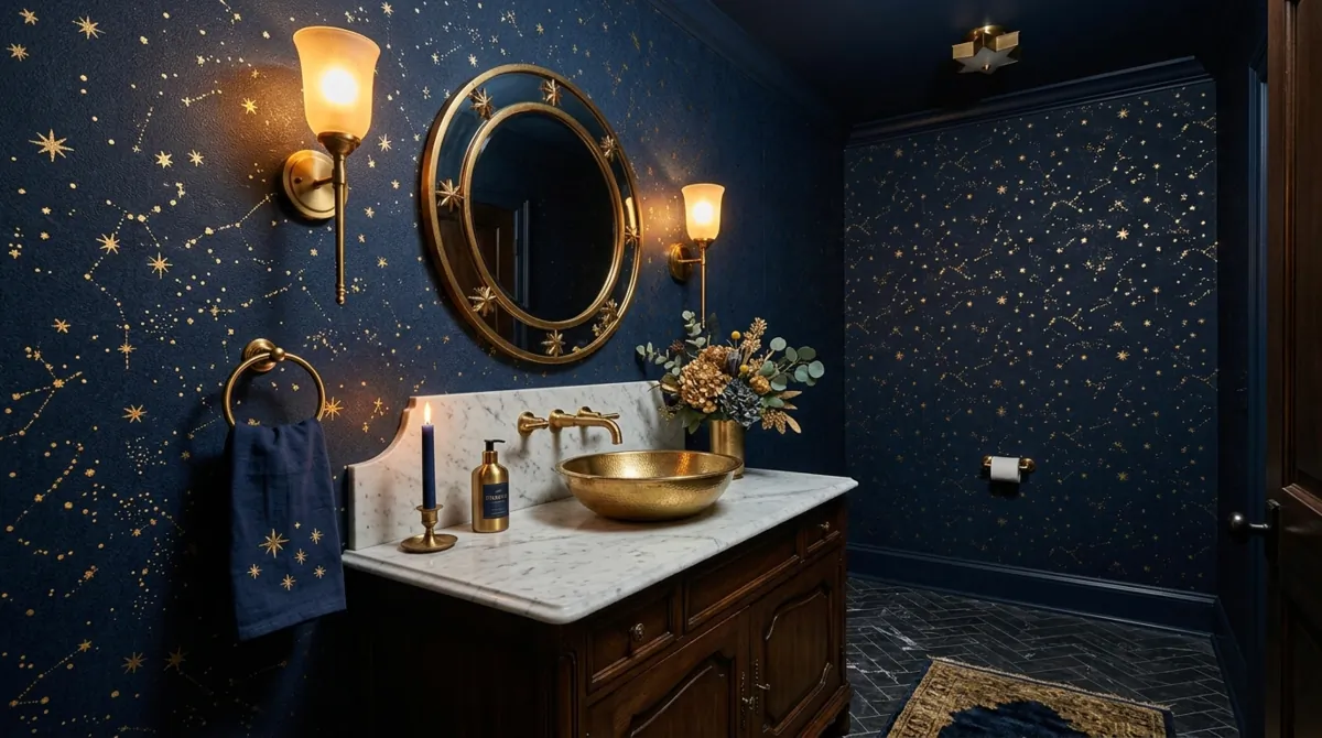Dramatic powder room with navy wallpaper, gold star pattern, brass fixtures, and glowing sconces.