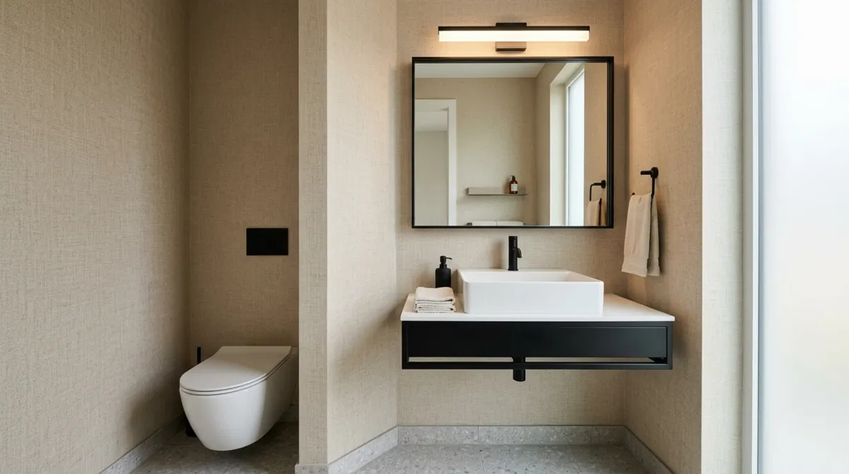 Minimal powder room with textured neutral wallpaper, white sink, black accents, and soft light.