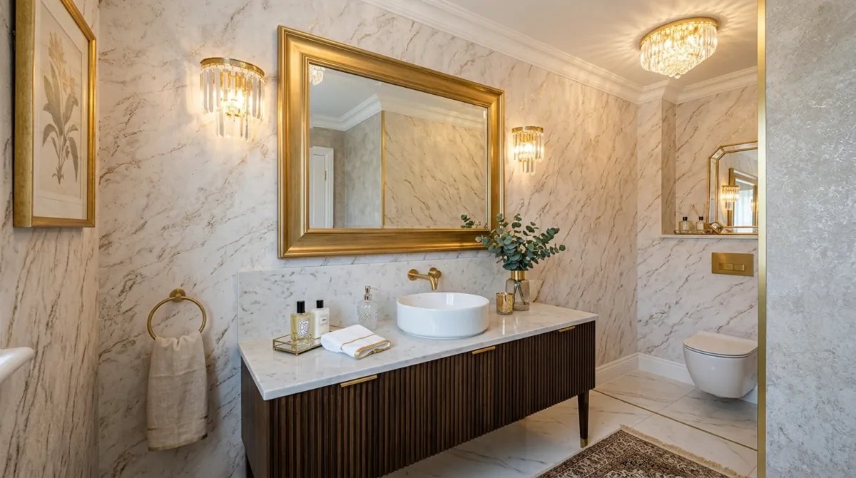 Glamorous powder room with marble-effect wallpaper, gold framed mirror, and crystal lighting.