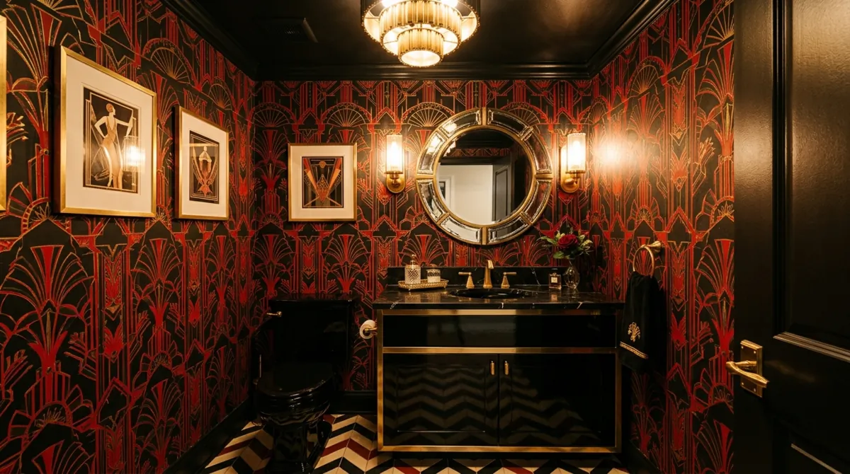 Bold powder room with black and red art deco wallpaper, vintage fixtures, and warm lighting.