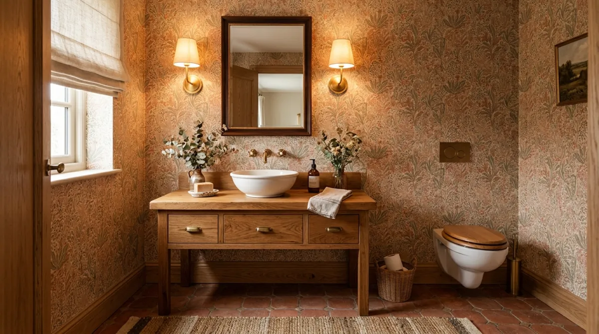 Cozy powder room with warm earthy patterned wallpaper, wooden vanity, and ambient lighting.