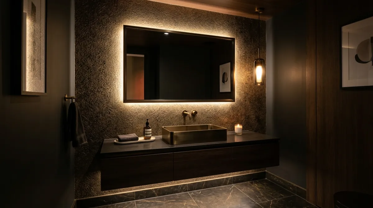 Modern luxe powder room with metallic textured wallpaper, floating sink, and ambient backlighting.