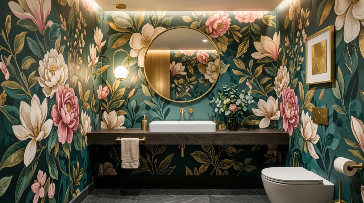 Statement powder room with oversized floral mural wallpaper, white sink, gold accents, and soft spot lighting.