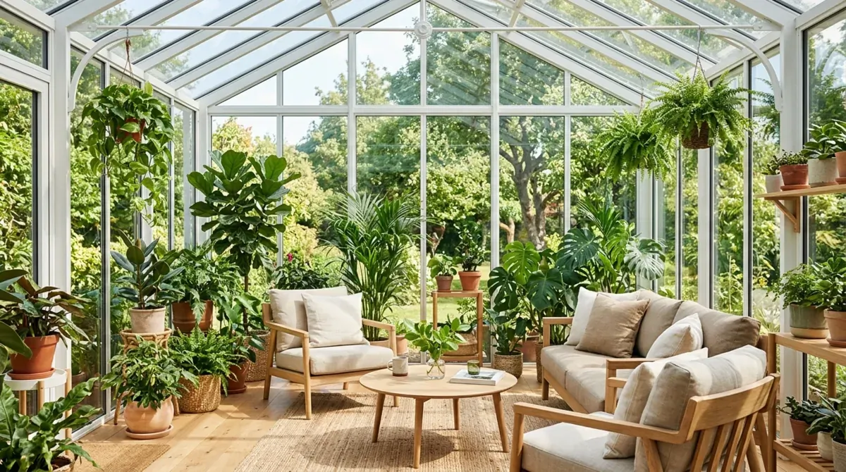 Bright conservatory with floor-to-ceiling glass walls, oak seating, indoor plants, and airy daylight.