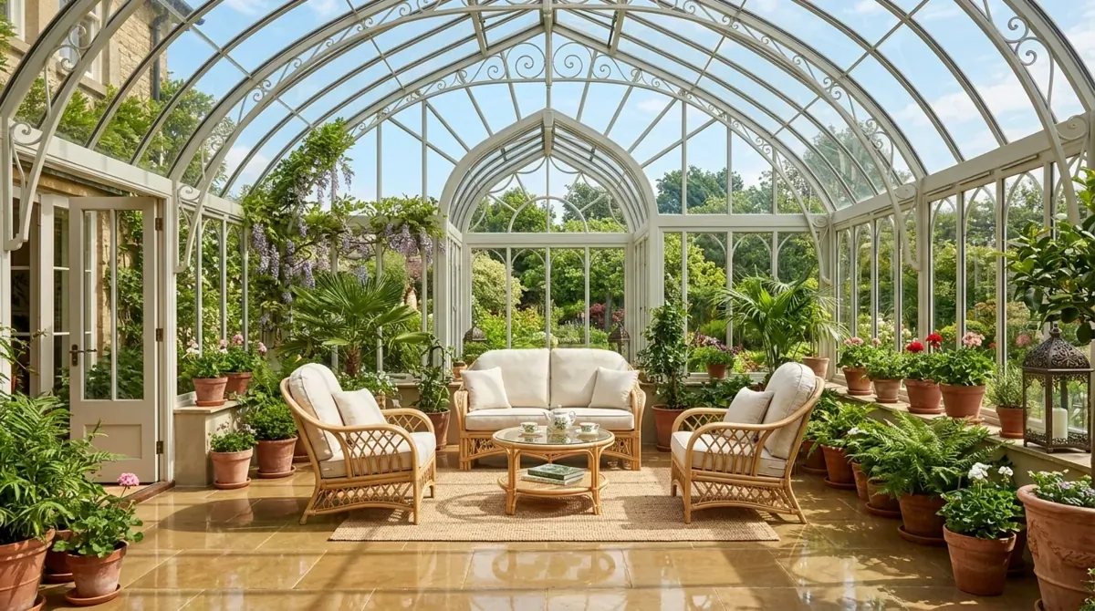 Elegant glass garden room with arched roof, rattan seating, terracotta pots, and sunlit stone floor.