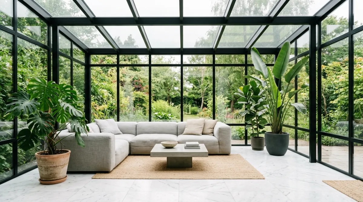 Minimal conservatory with black steel frames, marble floor, modular sofa, and tropical plants.