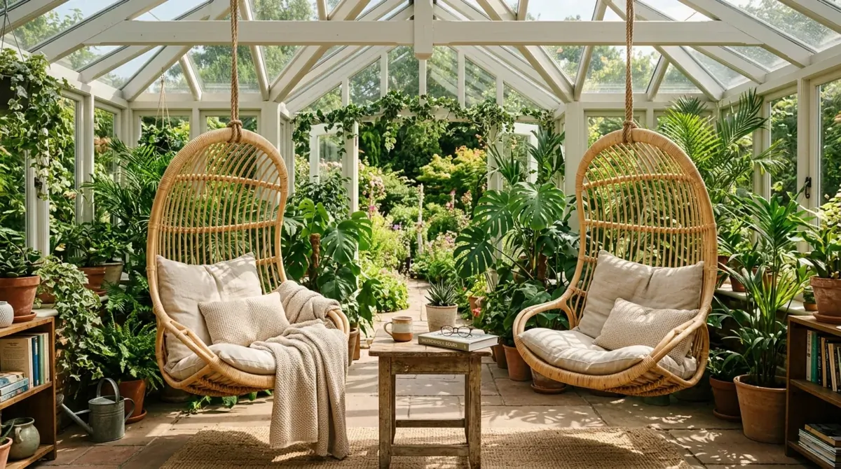Cozy conservatory reading nook with hanging rattan chairs, beige textiles, small tables, and abundant greenery.