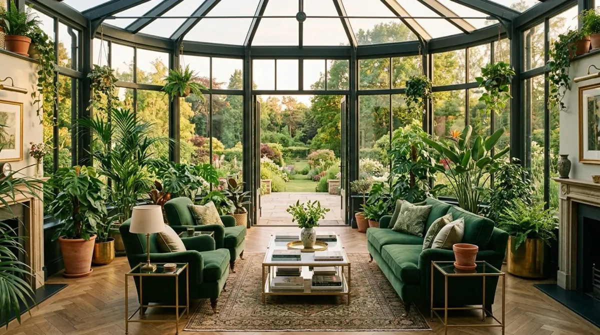 Luxurious conservatory lounge with green velvet seating, brass tables, layered plants, and golden sunlight.