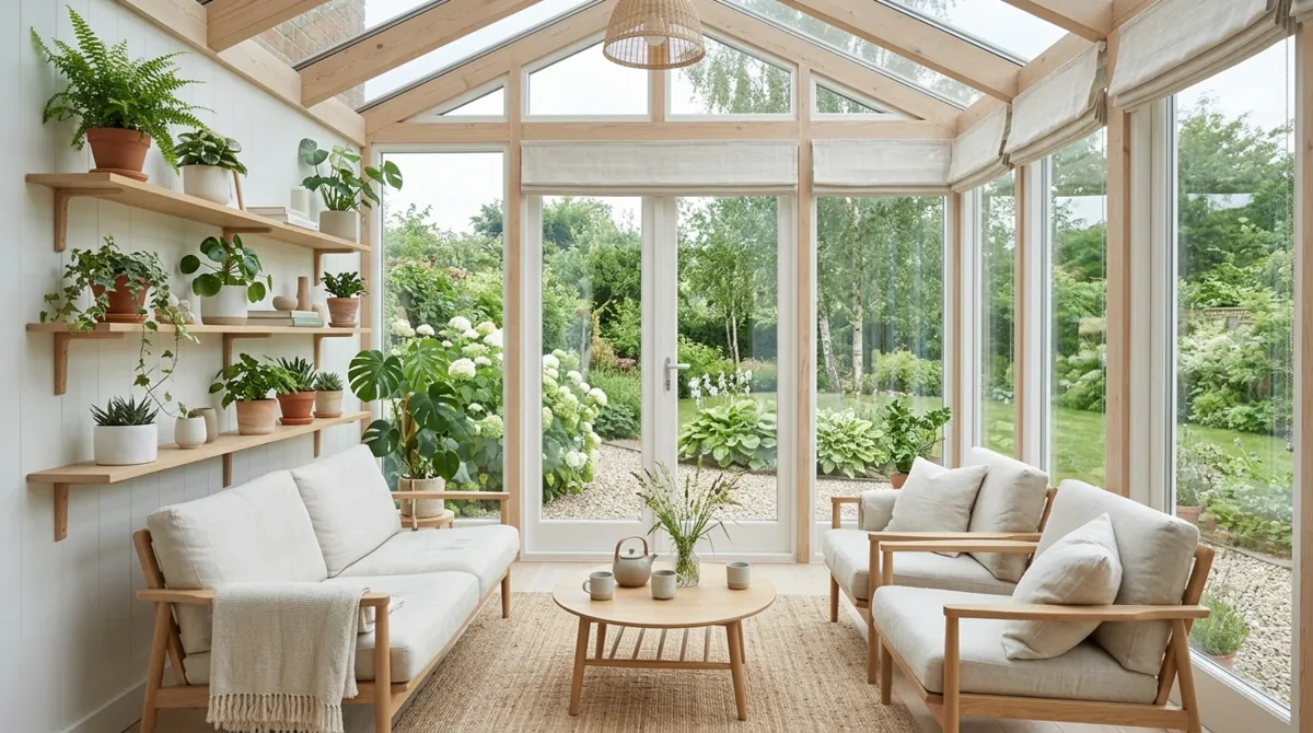 Scandinavian conservatory with light wood furniture, white cushions, plant shelves, and airy daylight.