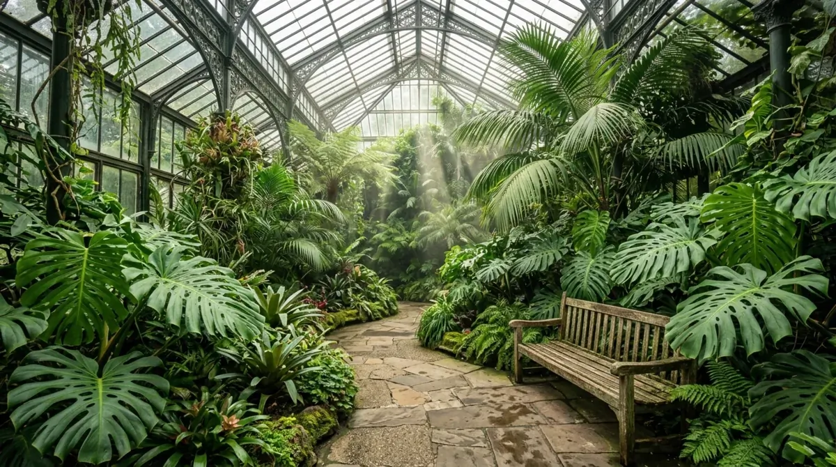 Botanical conservatory with oversized monstera, palms, stone floor, rustic bench, and sunbeams through glass roof.