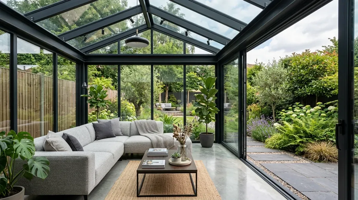 Modern glass sunroom with sliding doors, gray sofa, black frames, concrete floor, and clean lines.