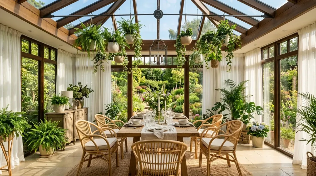 Elegant conservatory dining space with glass ceiling, wood table, woven chairs, hanging plants, and white curtains.
