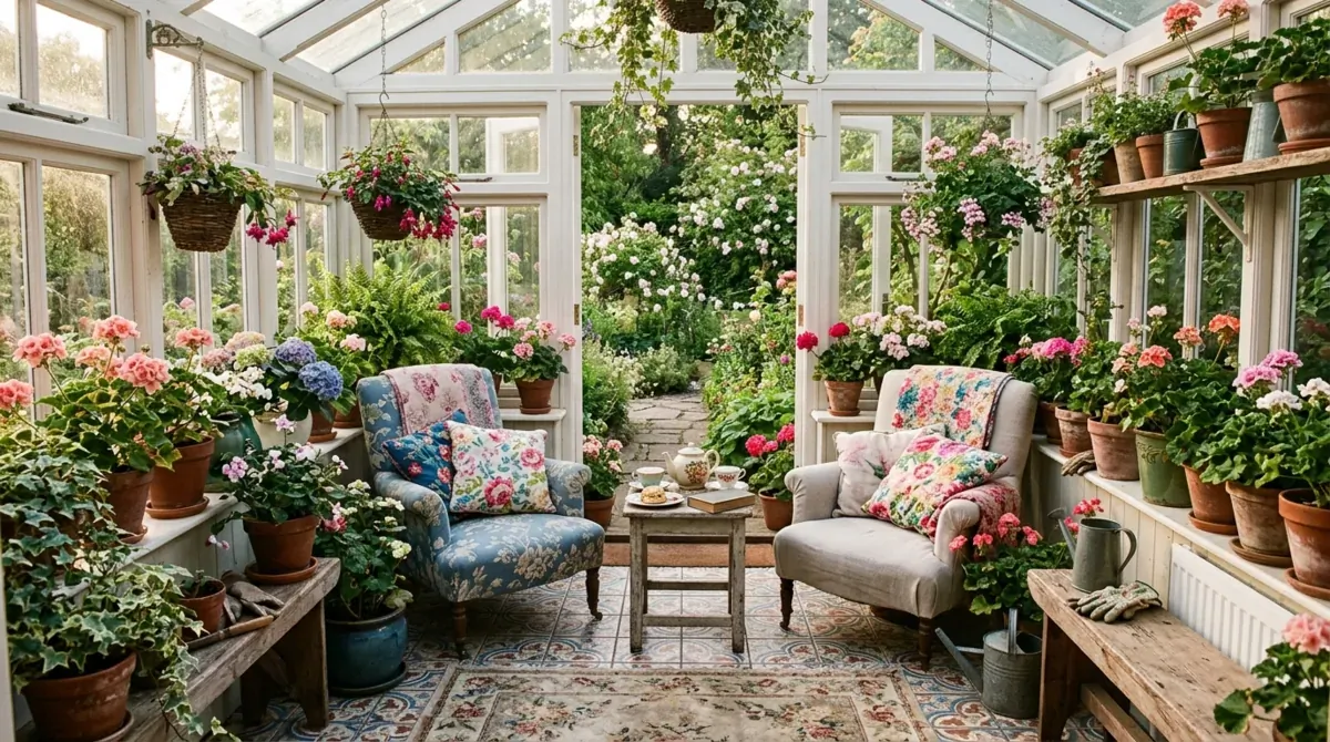 Cozy cottage-style conservatory with white frames, floral cushions, vintage chairs, ceramic tiles, and potted flowers.
