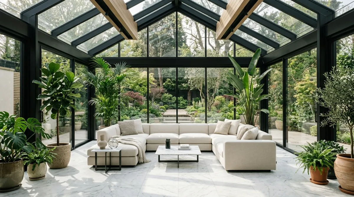 Luxury conservatory with double-height glass walls, cream sectional, marble accents, sculptural plants, and dramatic daylight.
