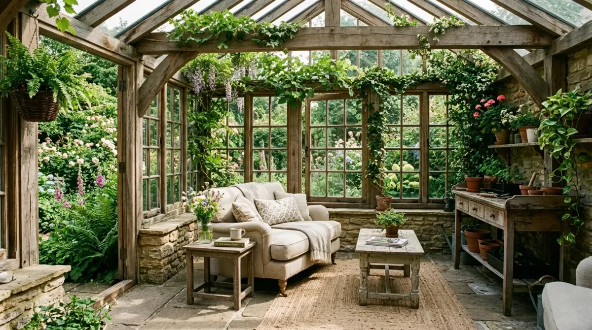 Rustic conservatory with reclaimed beams, stone floor, farmhouse windows, linen seating, and climbing plants.