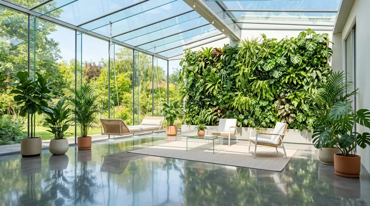 Ultra bright conservatory with seamless glass, light furniture, vertical garden wall, polished floor, and abundant daylight.