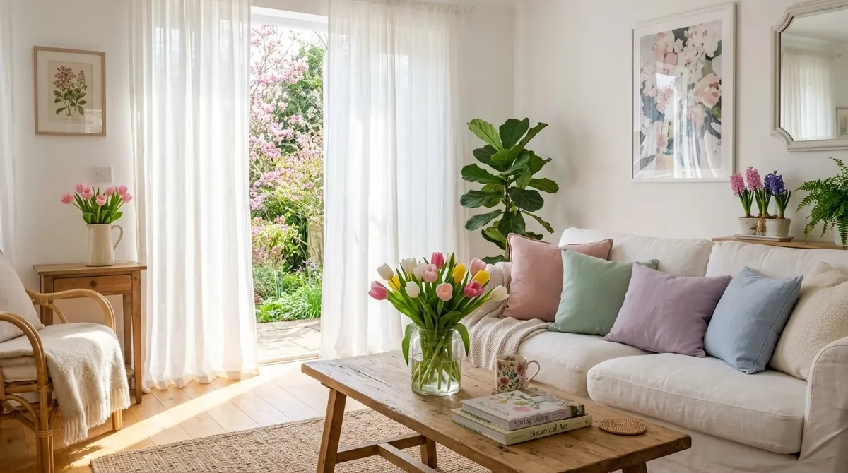 Bright spring living room with pastel cushions, white sofa, tulips, and sheer sunlit curtains.