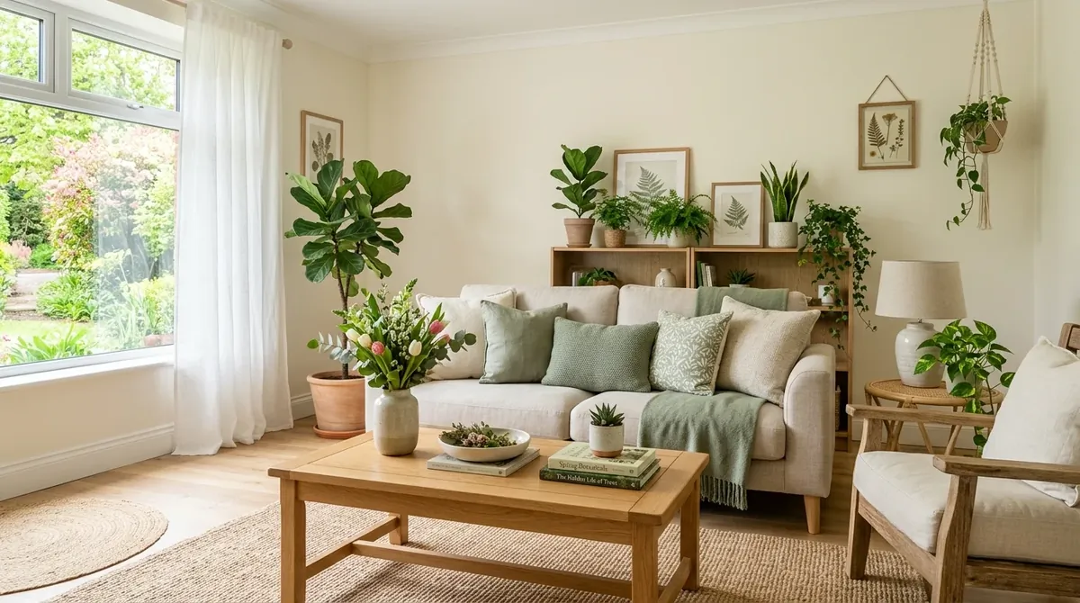 Fresh spring living room with sage accents, wood coffee table, indoor plants, and light neutral palette.