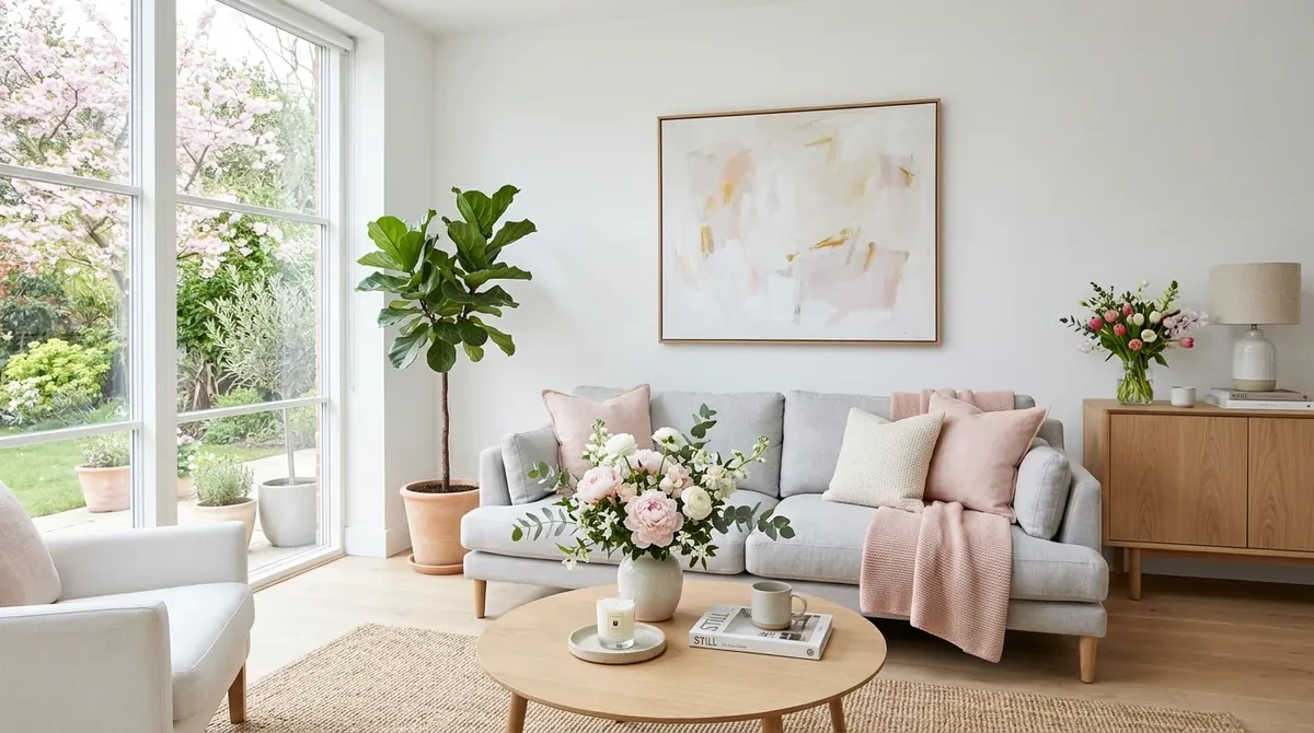 Modern spring living room with white walls, blush decor, minimal furniture, and fresh flowers.