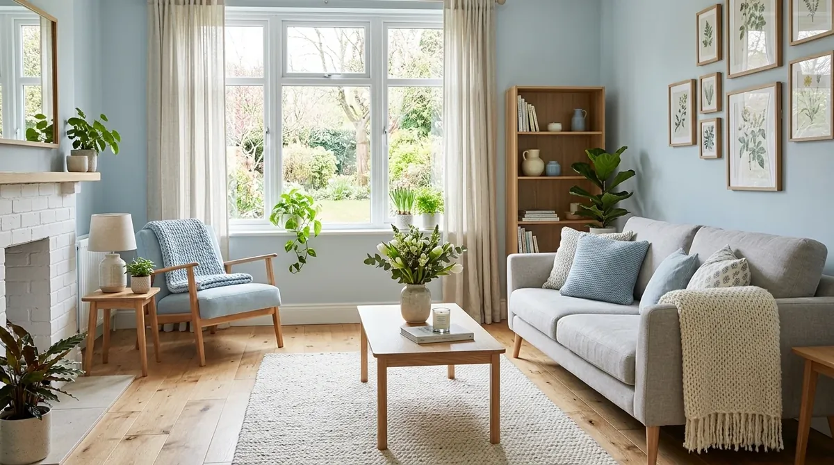 Scandinavian spring living room with oak floor, pale blue accents, knit textures, and bright natural light.