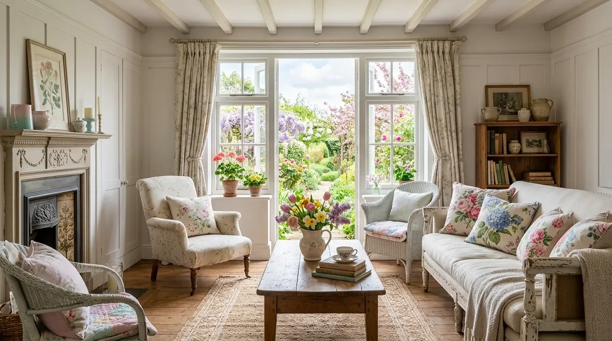 Cottage-style spring living room with floral pillows, vintage furniture, pastel decor, and garden view windows.