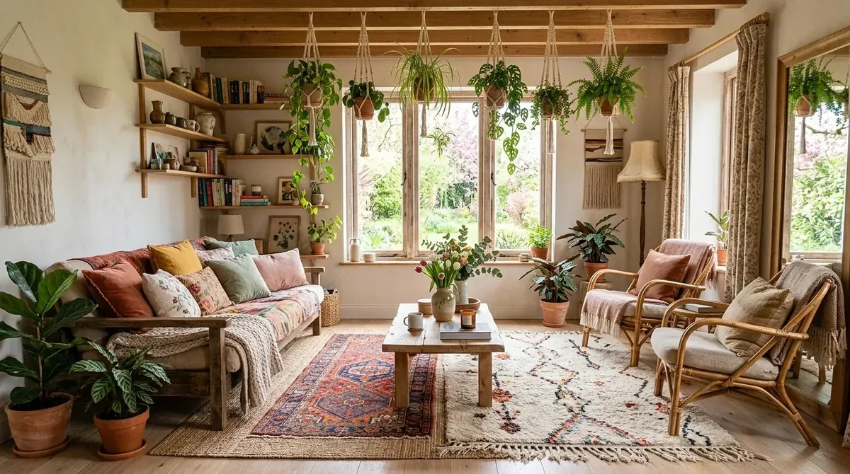 Bohemian spring living room with rugs, hanging plants, soft colorful textiles, and wood furniture.