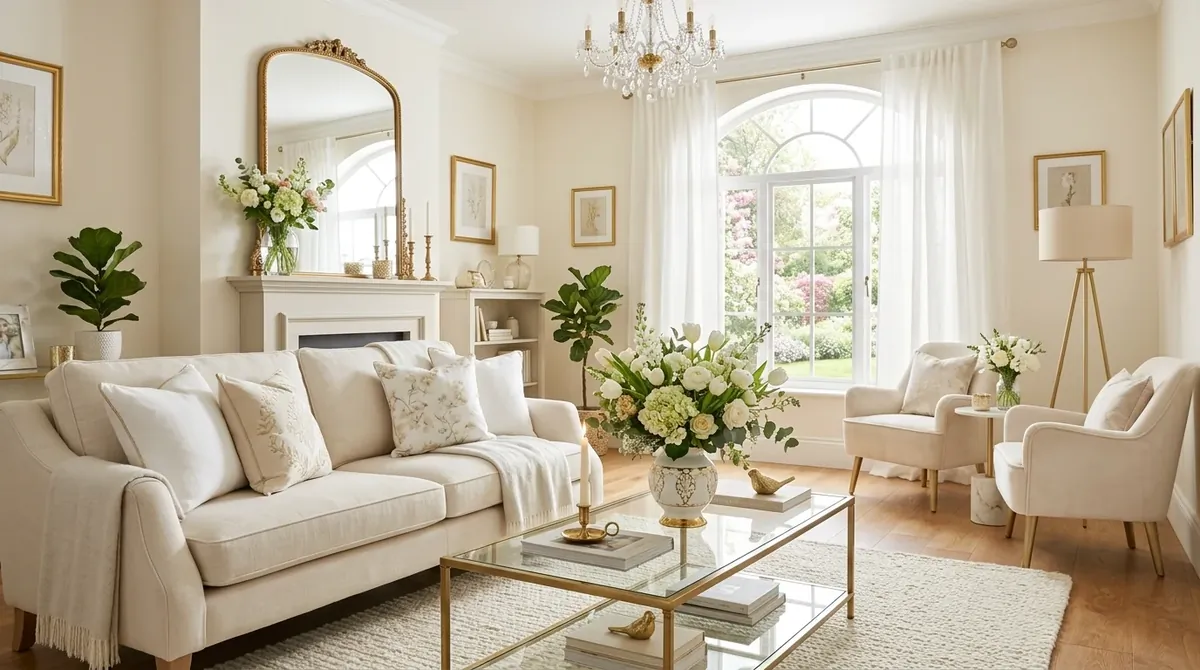 Elegant spring living room with white and cream tones, gold accents, flowers, and soft ambient light.