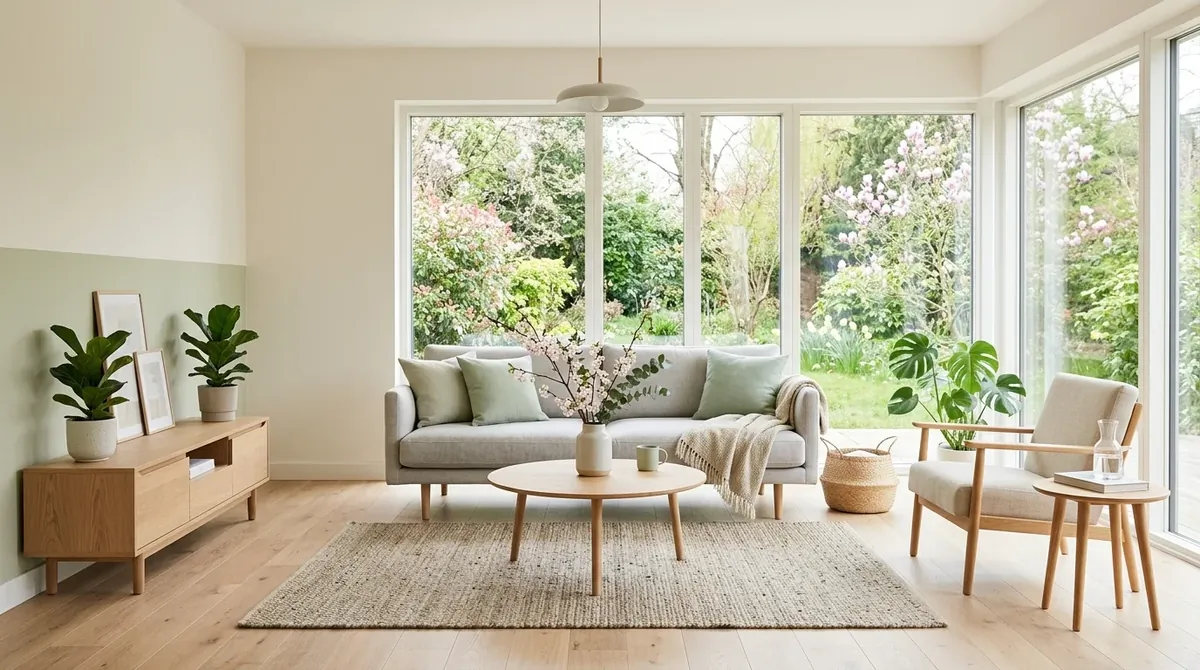 Minimalist spring living room with pale green accents, light wood furniture, uncluttered layout, and large windows.