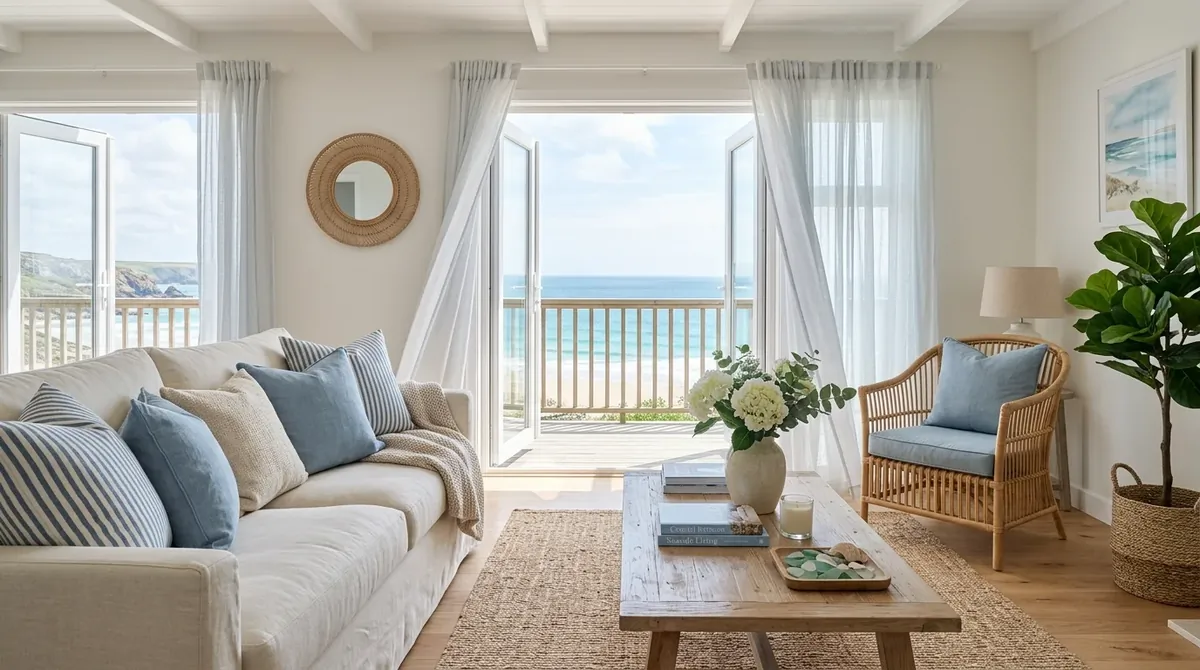 Coastal spring living room with soft blue tones, striped cushions, airy curtains, and natural textures.