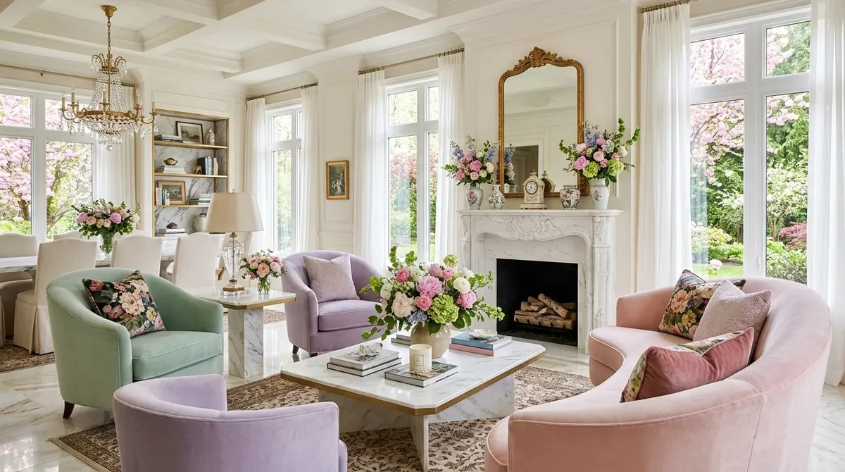 Luxury spring living room with marble accents, pastel velvet seating, florals, and elegant lighting.