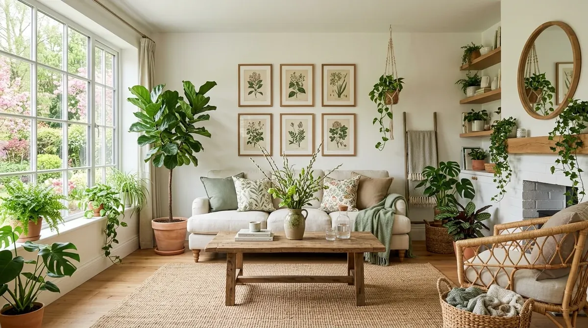 Nature-inspired spring living room with greenery, botanical prints, fiber rugs, and soft earthy tones.