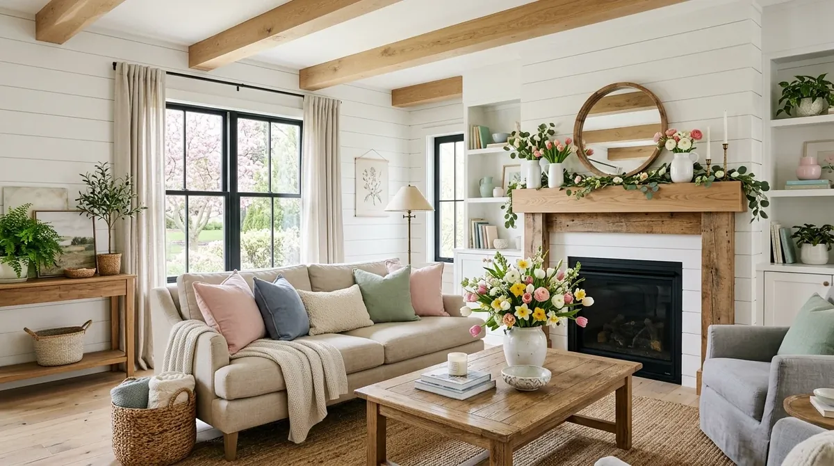 Modern farmhouse spring living room with white shiplap, light beams, pastel accents, and floral styling.
