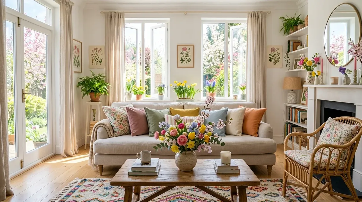 Vibrant spring living room with mixed flowers, colorful soft cushions, and bright airy daylight.