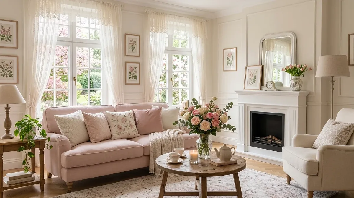 Soft romantic spring living room with blush and ivory tones, roses, delicate curtains, and gentle natural light.