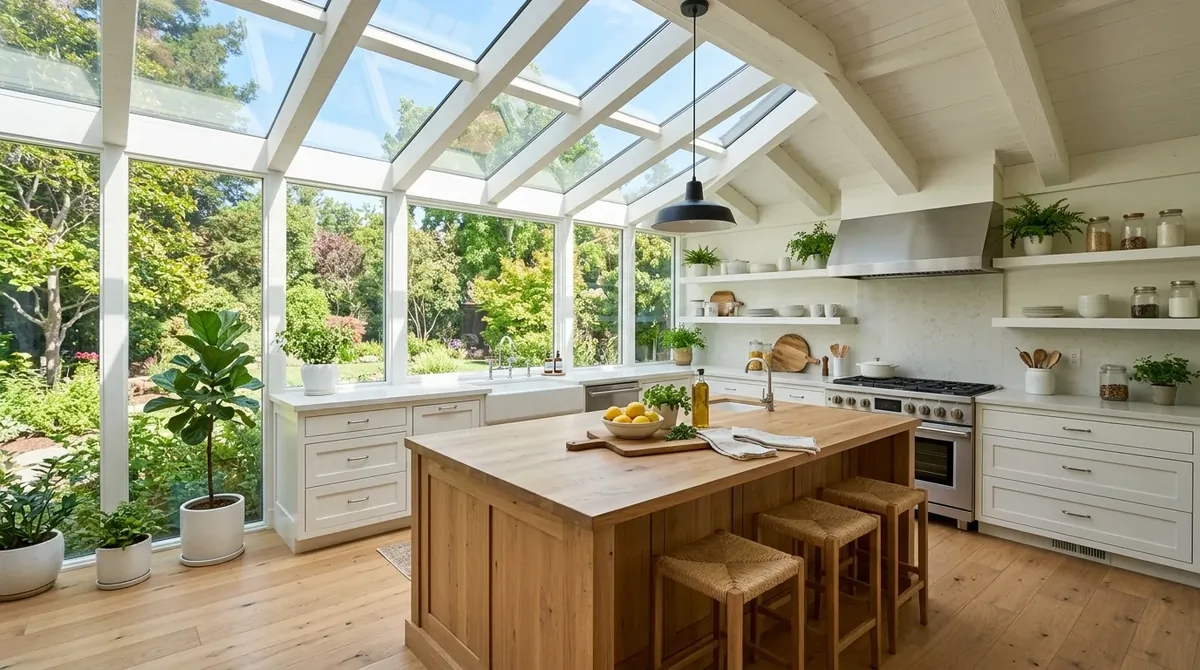 Solarium kitchen with glass walls, pale cabinetry, plants, and bright sunlight across the counters.