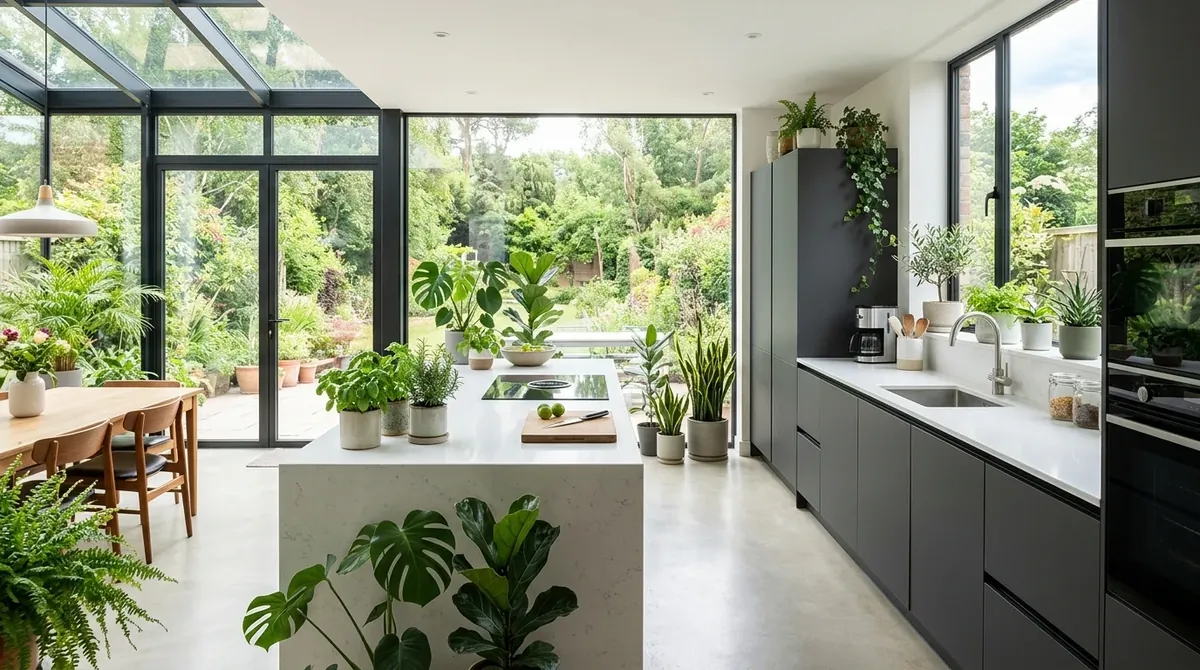 Kitchen with skylights, airy finishes, and a beautifully sunlit island.