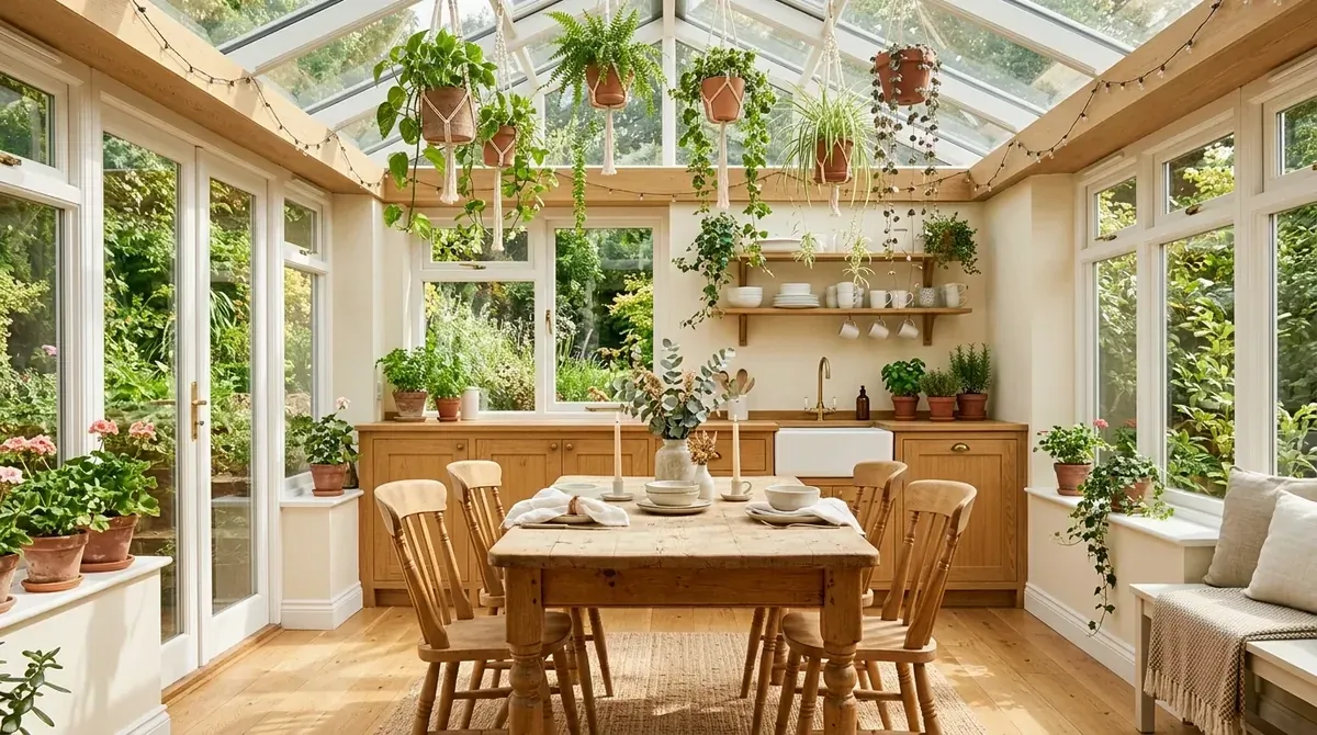 Sun-filled kitchen with abundant plants and a relaxed greenhouse-inspired mood.