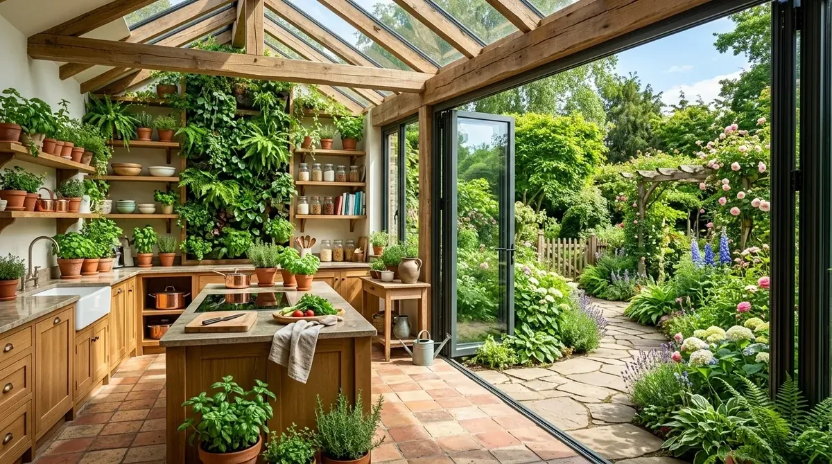 Kitchen with white finishes, leafy plants, and soft bright freshness.