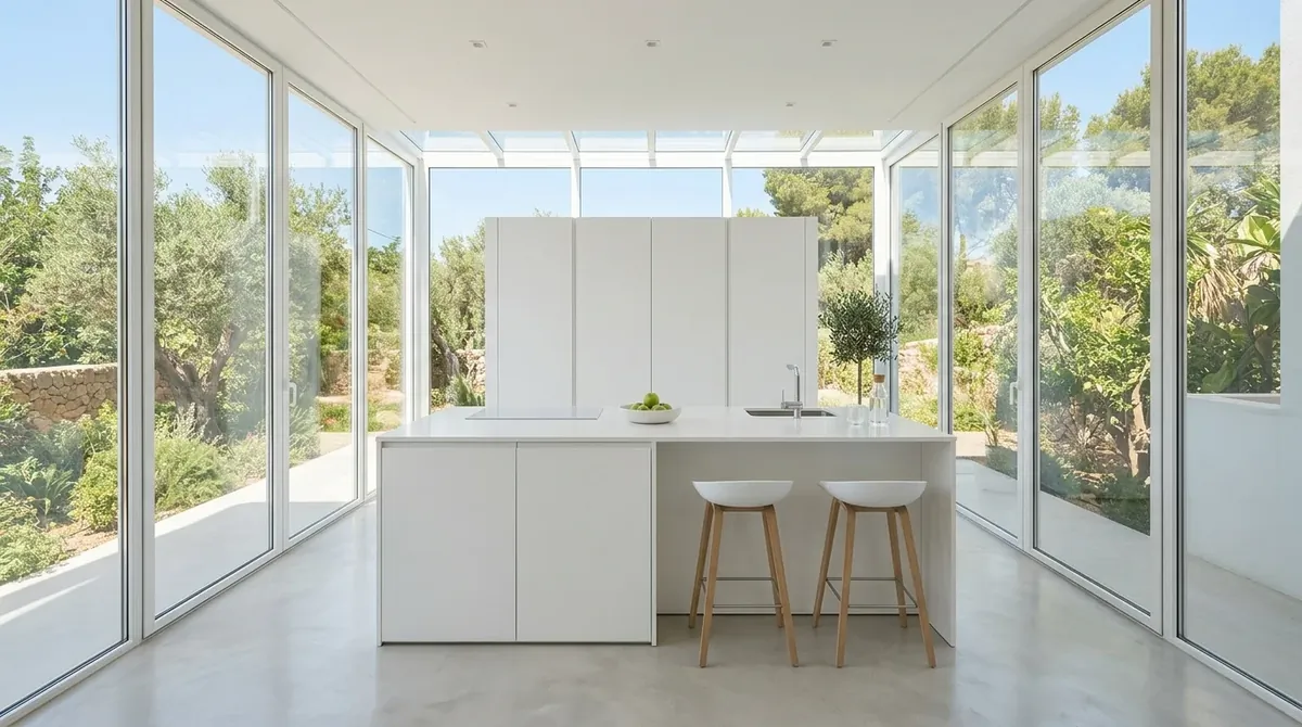 Kitchen with black-framed glass and crisp contemporary structure.