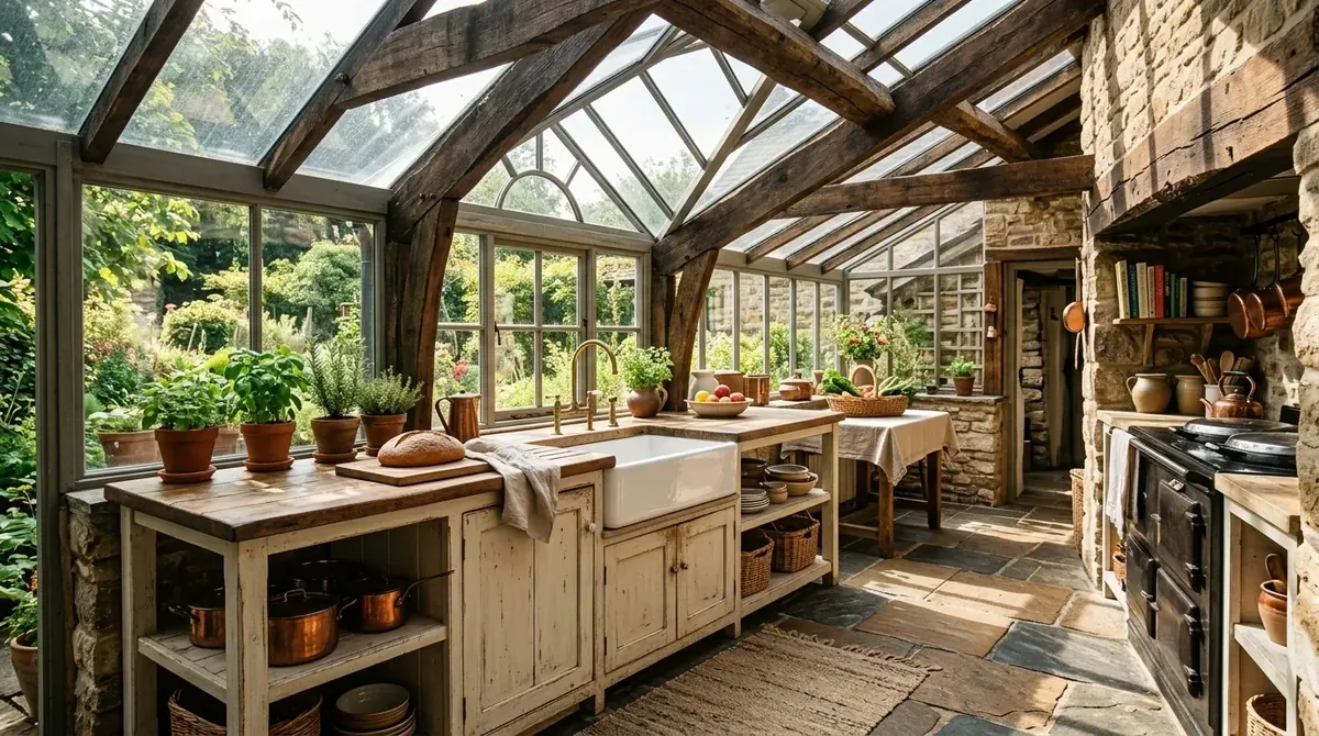 Light-filled kitchen with terracotta notes and warm easy elegance.