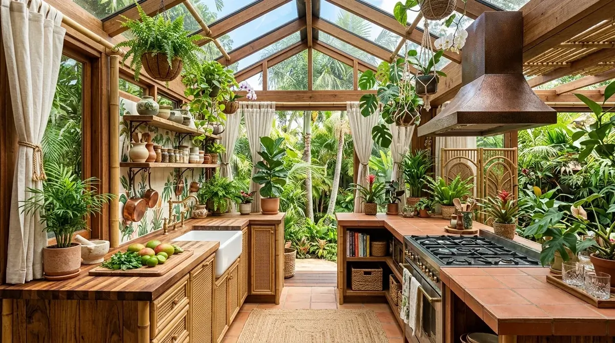 Charming kitchen with floral touches, glass walls, and garden-facing beauty.