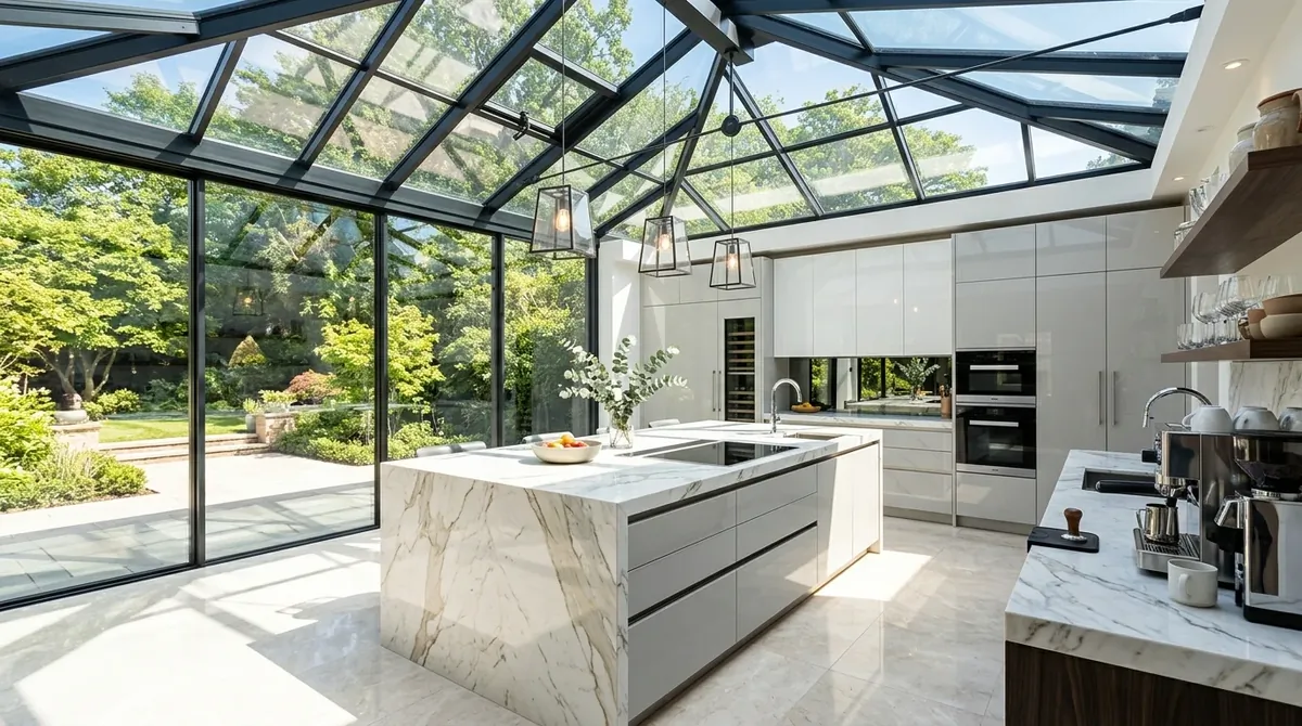 Upscale kitchen with stone counters and dramatic all-day light.