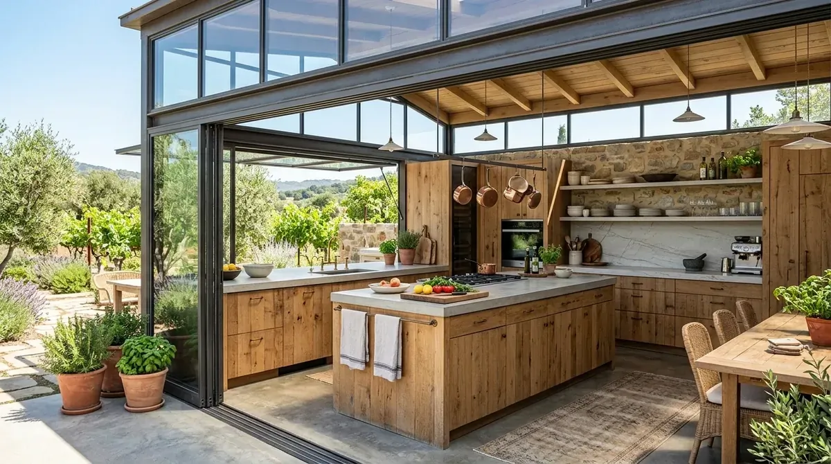 Pale wood and white kitchen made bright and calm by full solarium light.