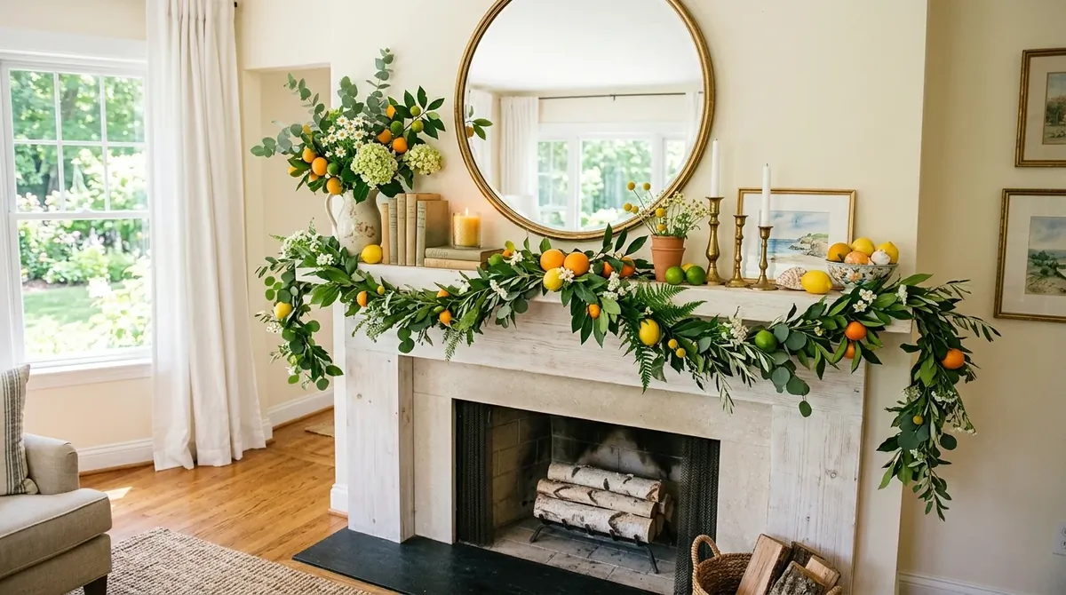 Summer mantel with fresh greenery, pale vases, light wood accents, and a bright airy fireplace.