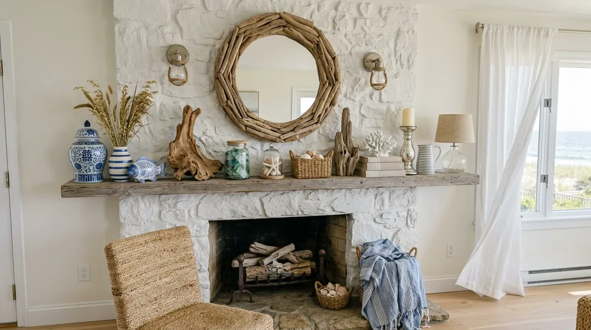 Mantel with blue accents, driftwood tones, shells, and breezy coastal styling.