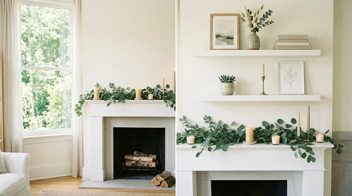 Summer fireplace mantel with flowers, painted frames, and cheerful cottage charm.