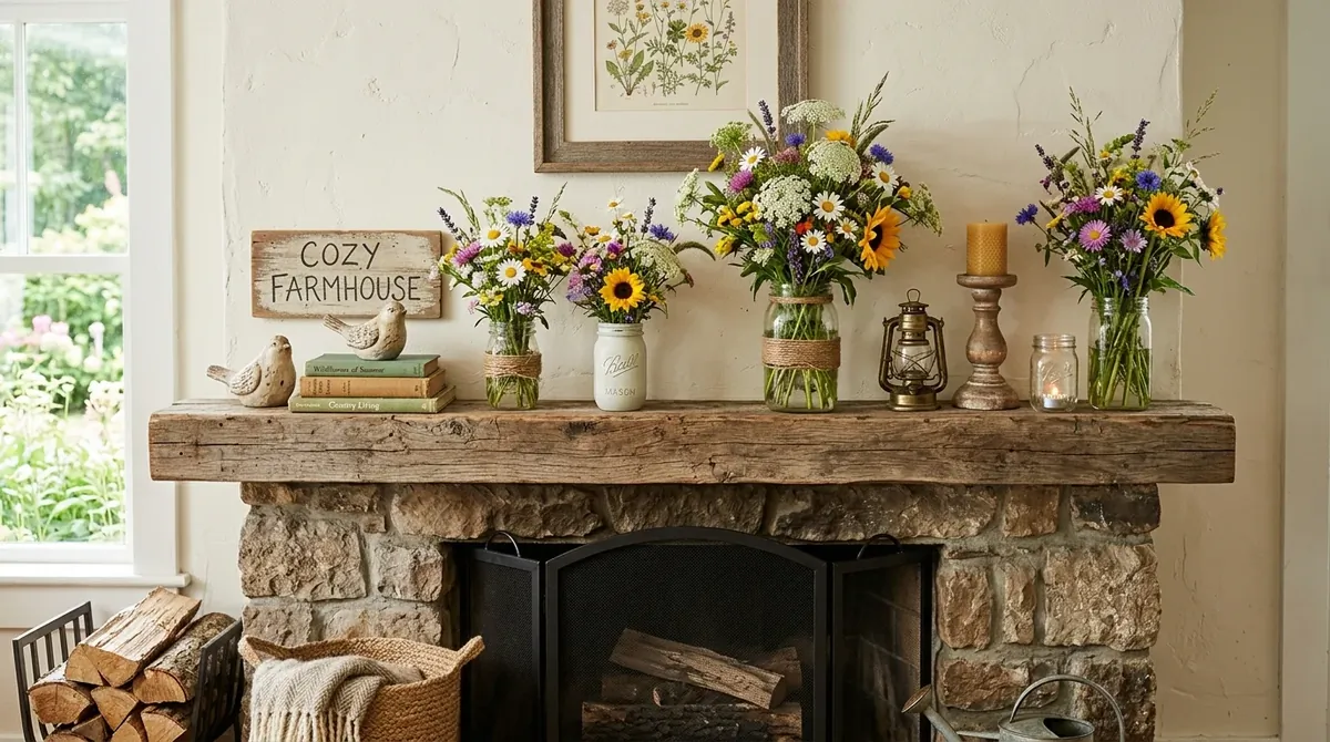 Bright mantel with white ceramics, soft candles, and light uncluttered styling.